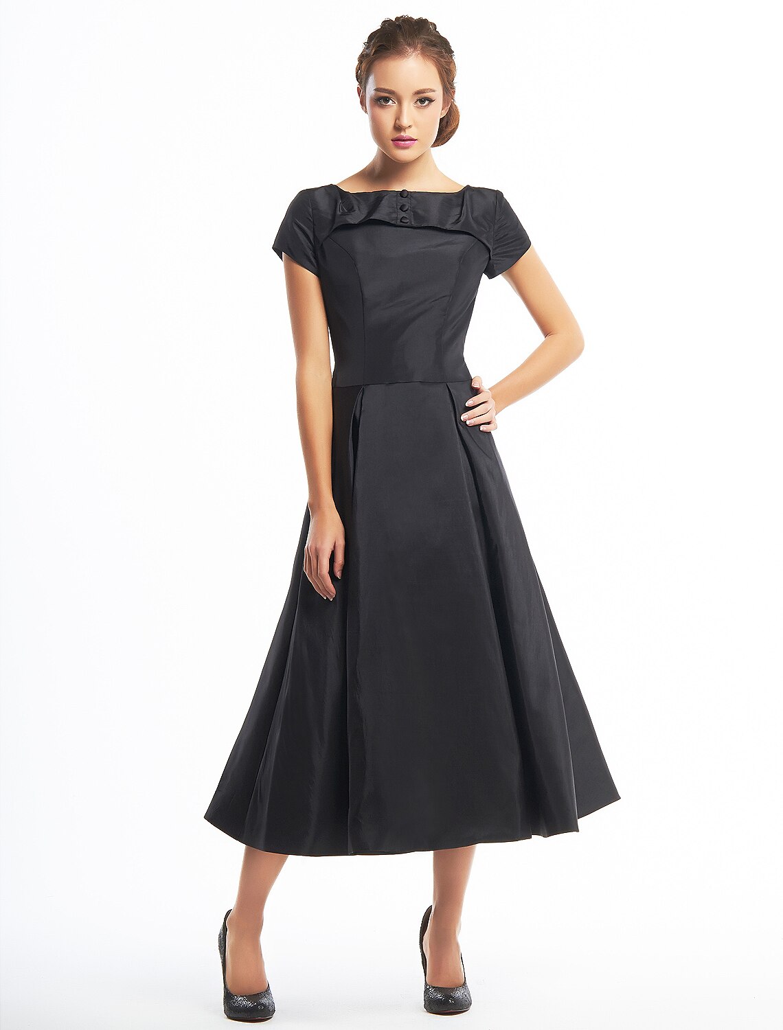 A-Line Black Dress Vintage Homecoming Wedding Guest Tea Length Short Sleeve Boat Neck Taffeta