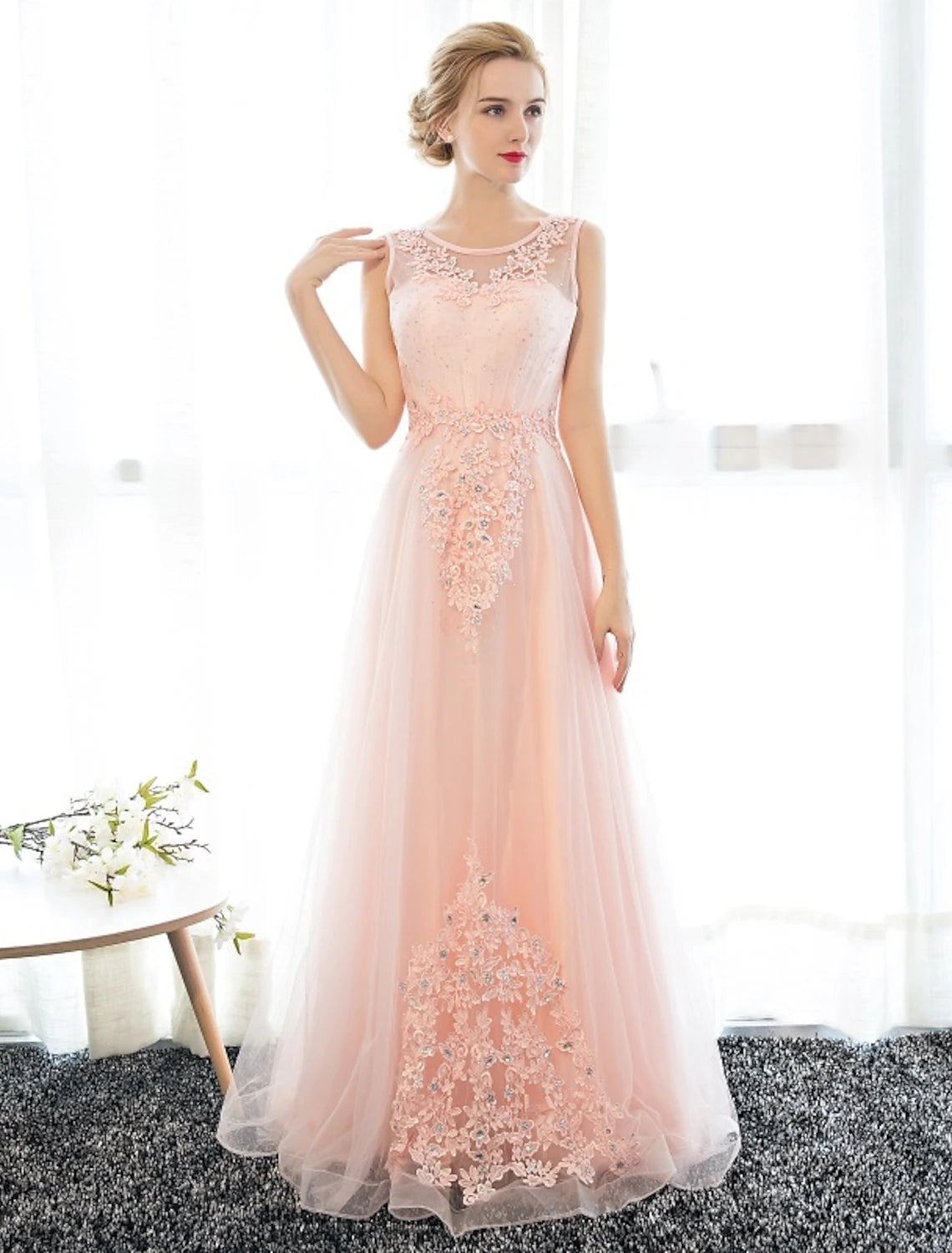 A Line Long Prom Dress Elegant Sleeveless Floor Length Wedding Guest Dress with Appliques