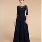 A-Line Mother of the Bride Dress Formal Wedding Guest Elegant Party Scoop Neck Floor Length Chiffon Lace 3/4 Length Sleeve with Sequin