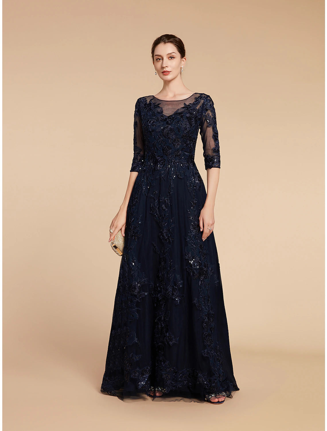 A-Line Mother of the Bride Dress Formal Wedding Guest Elegant Party Scoop Neck Floor Length Chiffon Lace 3/4 Length Sleeve with Sequin