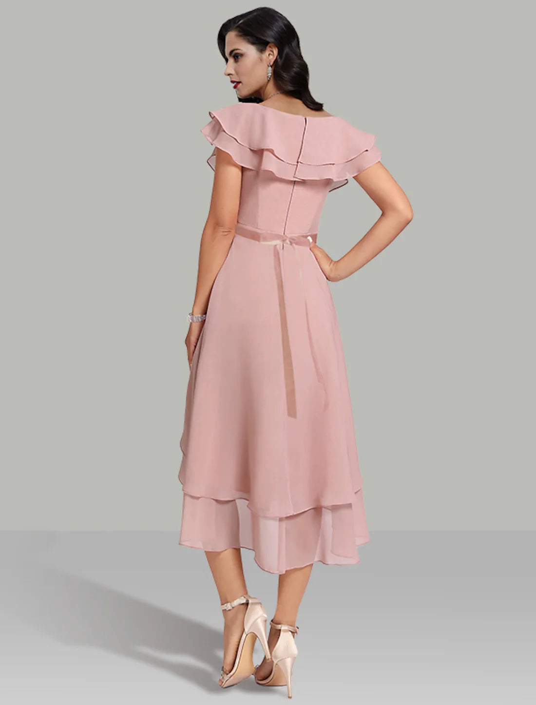 A-Line Wedding Guest Dresses Tiered Plisse Dress Cocktail Party Semi Formal Tea Length Short Sleeve V Neck Belt / Sash Chiffon with Beading Elegant