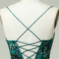 A Line Spaghetti Straps Dark Green Corset Prom Dress with Appliques Beautiful