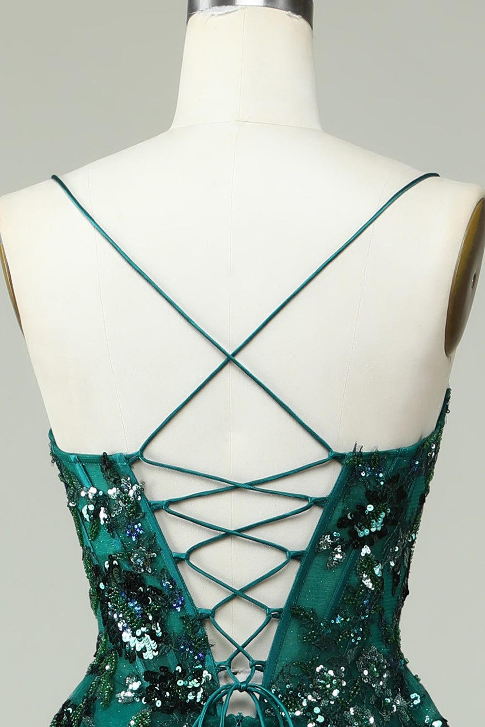 A Line Spaghetti Straps Dark Green Corset Prom Dress with Appliques Beautiful