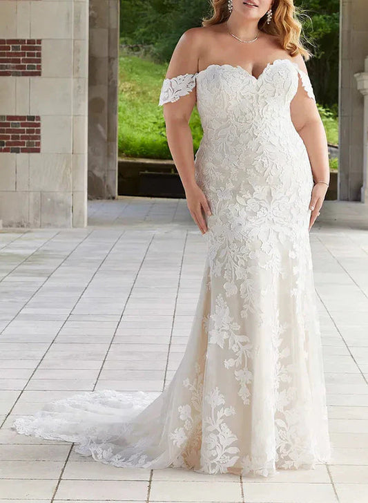 Trumpet/Fishtail Off Shoulder Large Sticker Lace Wedding Dress Plus Size Beautiful