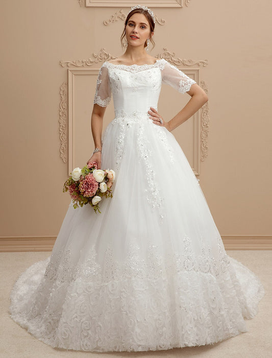 A-Line Bateau Neck Cathedral Train Lace Made-To-Measure Long Wedding Dresses with Lace
