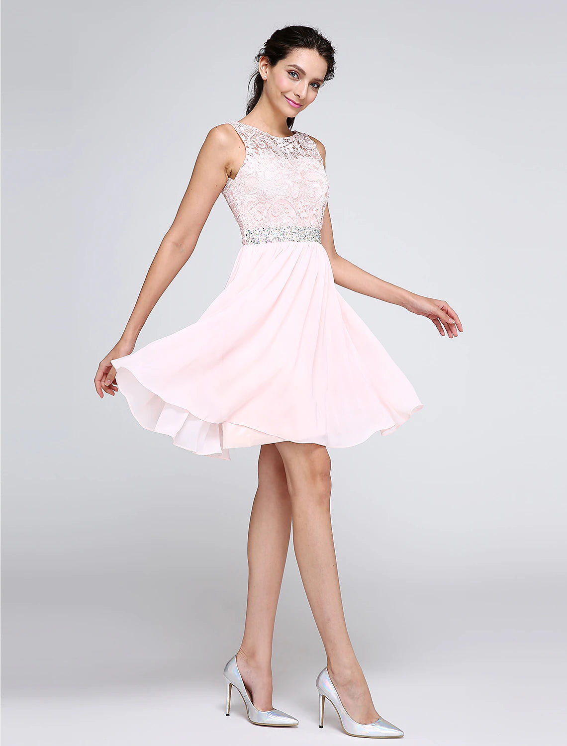 A-Line Special Occasion Dresses Party Dress Homecoming Graduation Short / Mini Sleeveless Illusion Neck Pink Dress Chiffon V Back Low Back
