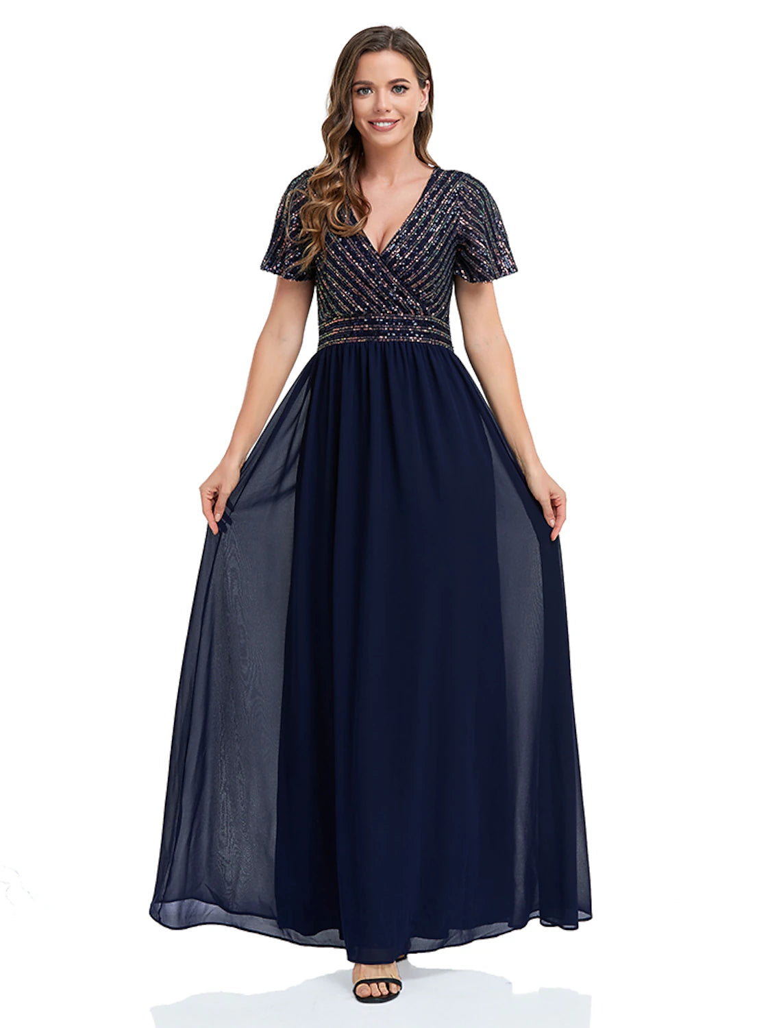 A-Line Mermaid / Trumpet Evening Gown Elegant Dress Christmas Floor Length Short Sleeve V Neck Sequined