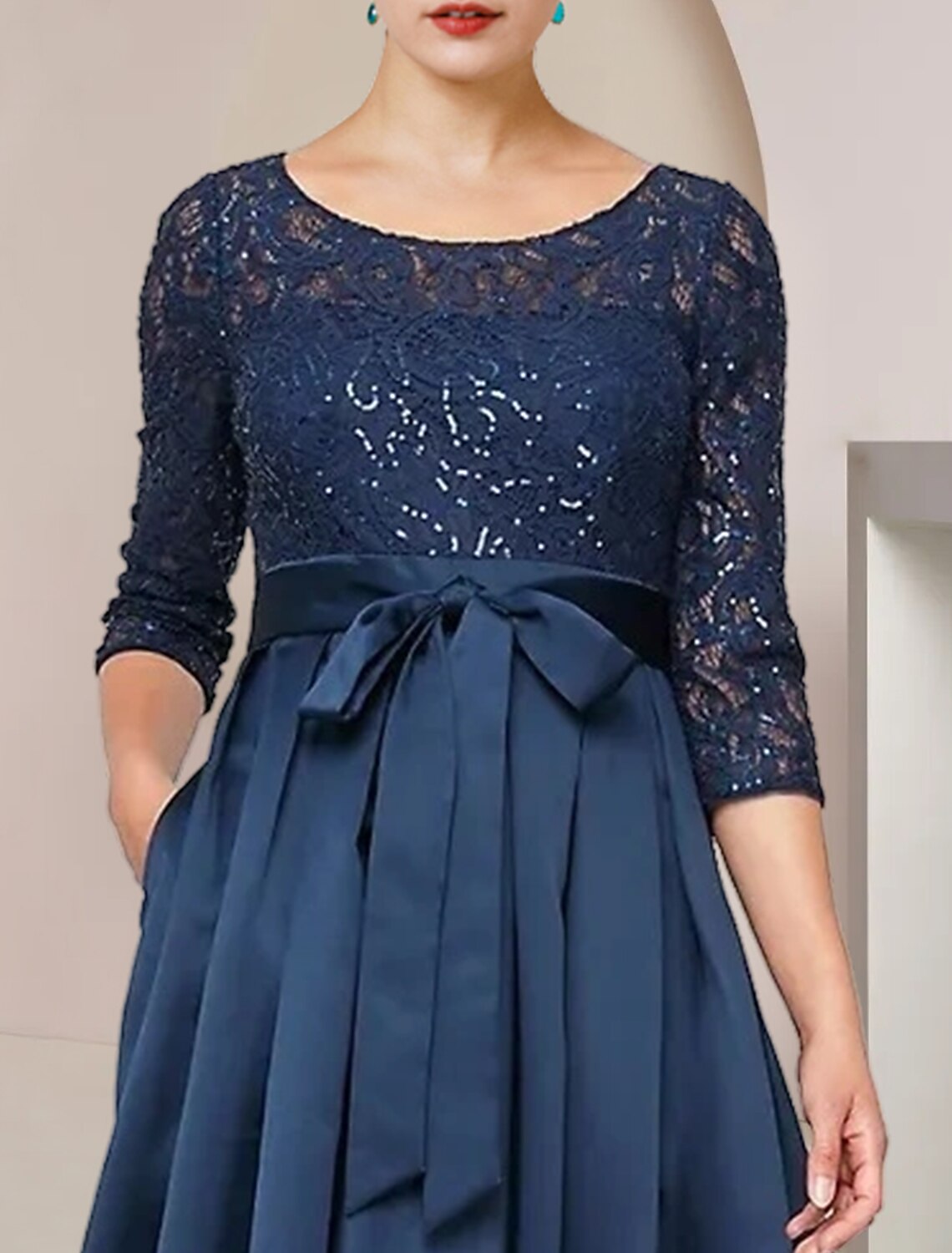 A-Line Mother of the Bride Dress Wedding Guest Elegant High Low Scoop Neck Asymmetrical Tea Length Lace Taffeta 3/4 Length Sleeve