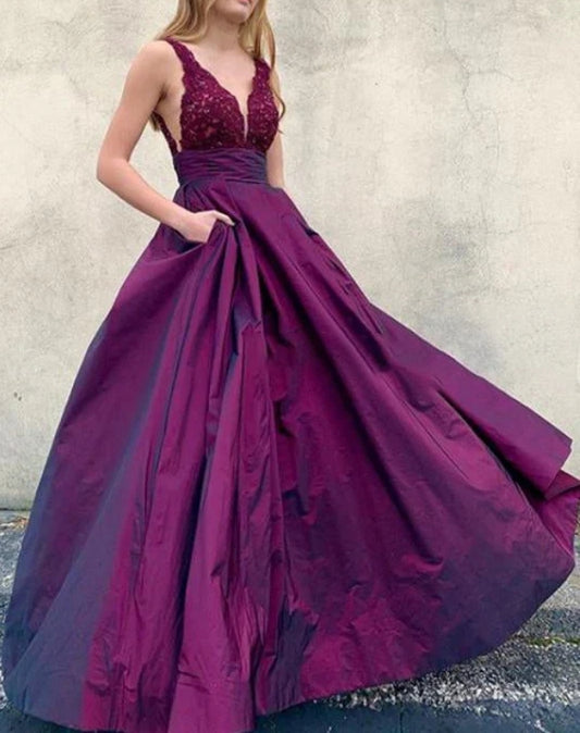 Elegant Prom Dresses A Line Backless V Neck Satin With Applique Sleeveless Evening Dress