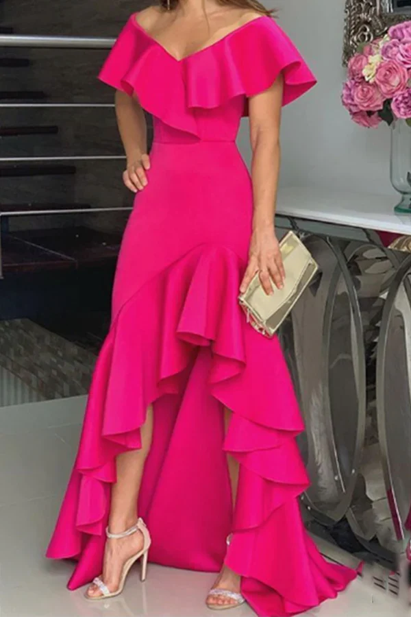 Fashionable solid color ruffled edge V-neck irregular evening dress Sexy Party Dress