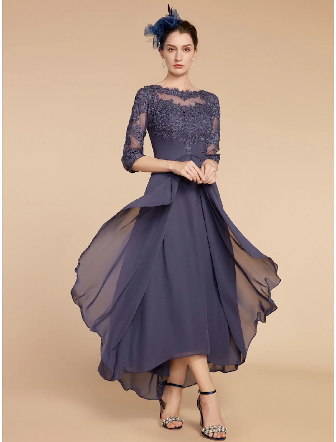 A-Line Mother of the Bride Dress Wedding Guest Elegant Scoop Neck Ankle Length Chiffon Lace 3/4 Length Sleeve