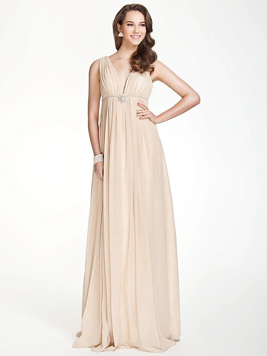 A-Line Bridesmaid Dress V Neck Sleeveless Beautiful Back Floor Length Chiffon with Pleats / Beading