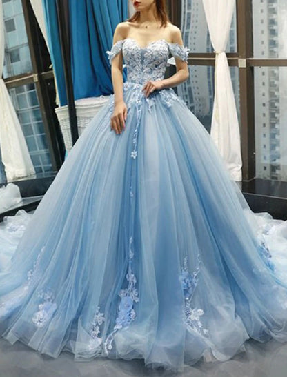 Ball Gown Prom Dresses Floral Wedding Dress Court Train Short Sleeve Sweetheart Lace with Pleats