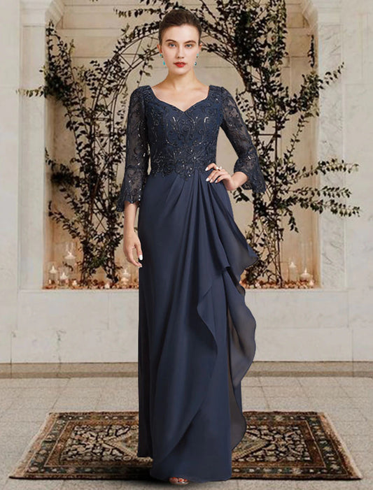 Sheath / Column Mother of the Bride Dress Elegant V Neck Floor Length Chiffon Lace 3/4 Length Sleeve with Pleats