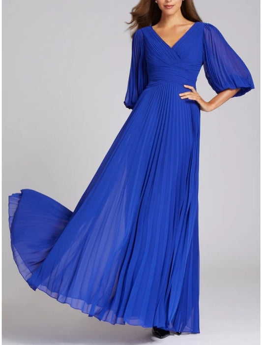 A-Line Evening Gown Elegant Dress Formal Floor Length Half Sleeve V Neck Chiffon with Pleats