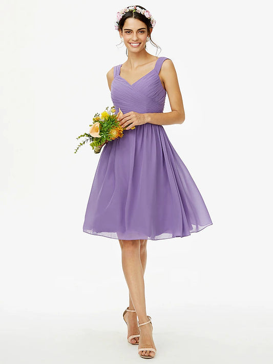 A-Line Bridesmaid Dress Straps Sleeveless Open Back Knee Length Chiffon with Sash / Ribbon / Bow(s)