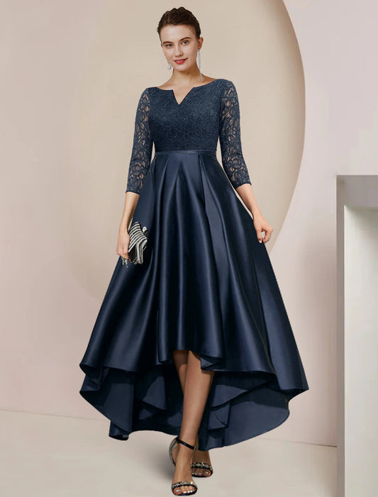 A-Line Mother of the Bride Dress Formal Wedding Guest Elegant High Low Scoop Neck Asymmetrical Tea Length Satin Lace 3/4 Length Sleeve