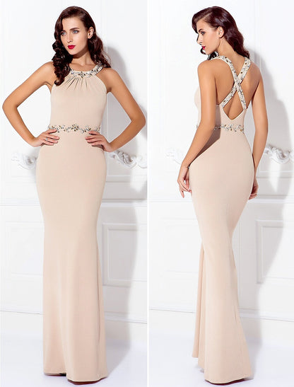 Sheath / Column Beautiful Back Dress Wedding Guest Floor Length Sleeveless Halter Spandex Crisscross Back