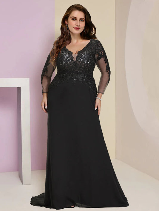 Plus Size Curve Mother of the Bride Dress Wedding Guest Vintage Party V Neck Court Train Chiffon Lace Long Sleeve