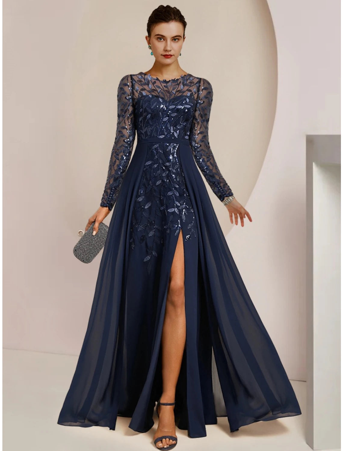 A-Line Mother of the Bride Dress Wedding Guest Elegant Jewel Neck Floor Length Chiffon Lace Sequined Long Sleeve