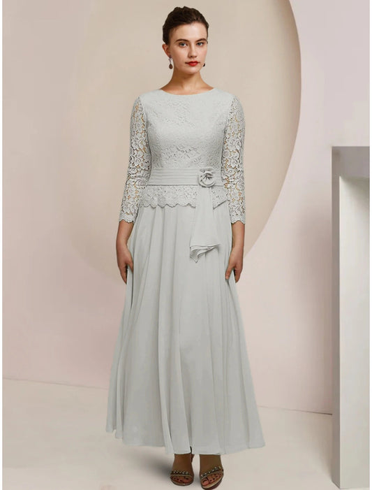 A-Line Mother of the Bride Dress Wedding Guest Elegant Jewel Neck Ankle Length Chiffon Long Sleeve