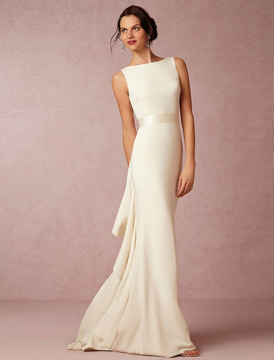 Hall Open Back Casual Wedding Dresses Sheath / Column Scoop Neck Sleeveless Sweep / Brush Train Stretch Fabric Bridal Gowns