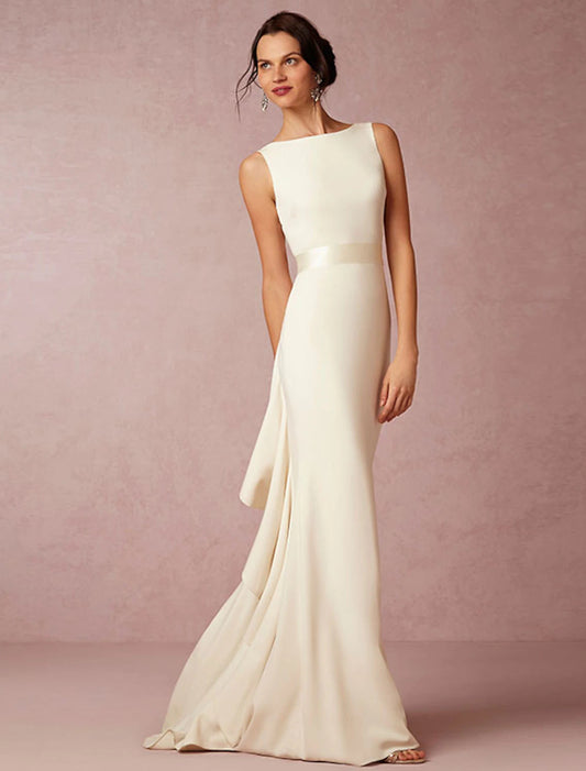Hall Open Back Casual Wedding Dresses Sheath / Column Scoop Neck Sleeveless Sweep / Brush Train Stretch Fabric Bridal Gowns With Draping Fall Wedding Party