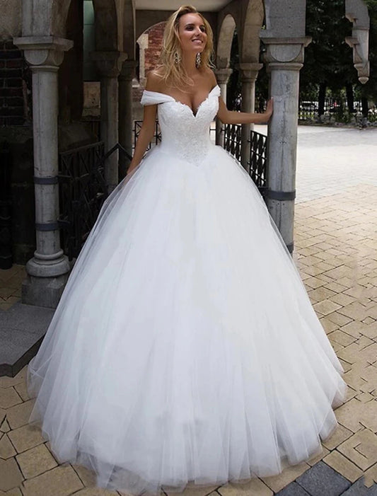 Wedding Dresses Ball Gown Off Shoulder Cap Sleeve Chapel Train Tulle Bridal Gowns