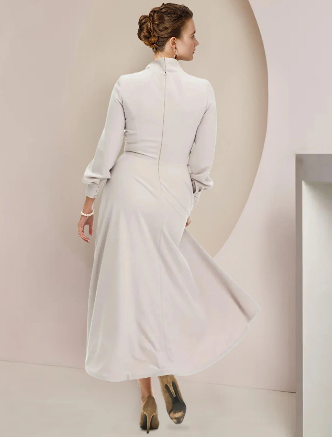 A-Line Mother of the Bride Dress Formal Wedding Guest Party Elegant High Neck Asymmetrical Tea Length Stretch Chiffon Long Sleeve