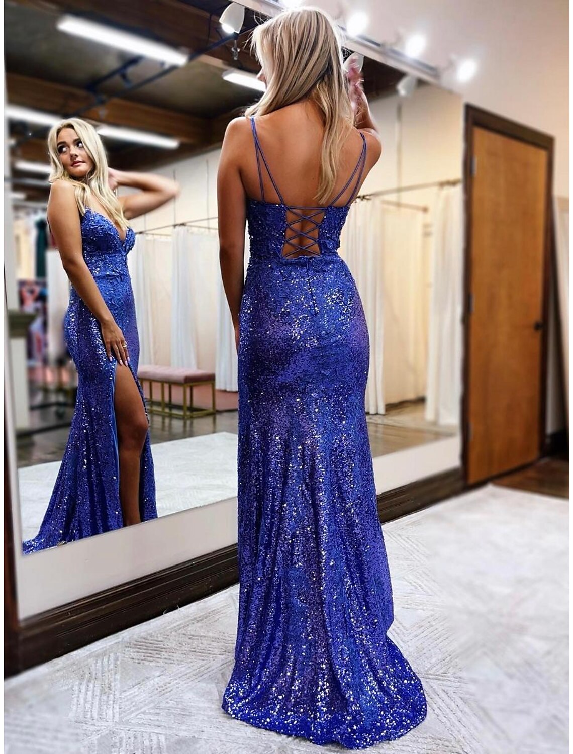 Mermaid / Trumpet Prom Dresses Sparkle & Shine Dress Formal Sweep / Brush Train Sleeveless V Neck Sequined Backless with Glitter