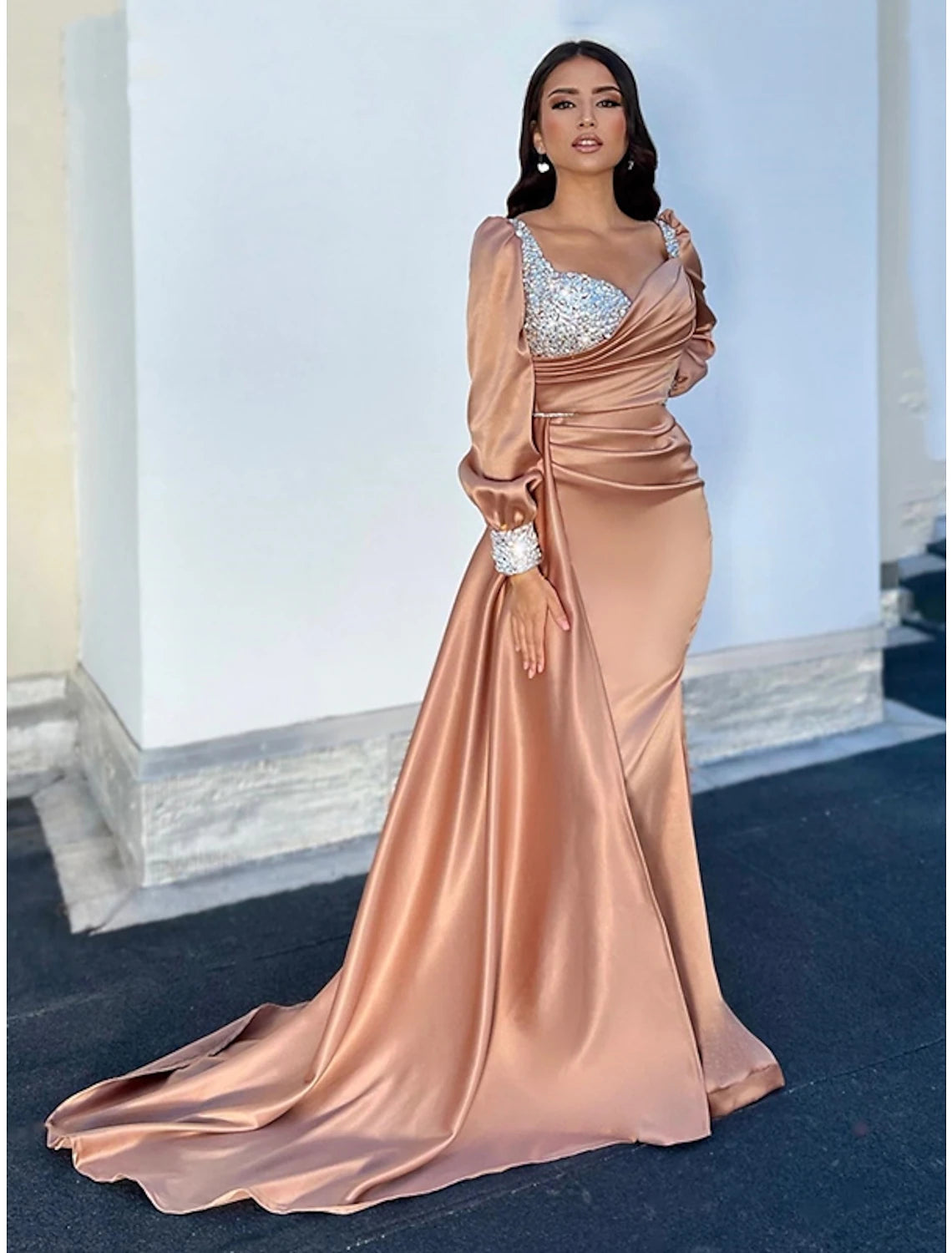 A-Line Evening Gown Sparkle & Shine Dress Formal Fall Court Train Long Sleeve Square Neck Satin with Glitter