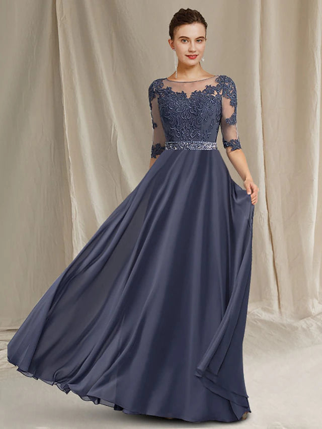 A-Line Mother of the Bride Dress Luxurious Elegant Jewel Neck Floor Length Chiffon Lace Tulle Half Sleeve