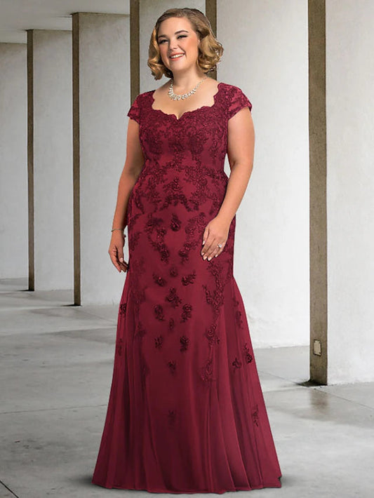 A-Line Mother of the Bride Dress Luxurious Plus Size Elegant Scoop Neck Floor Length Lace Tulle Sleeveless