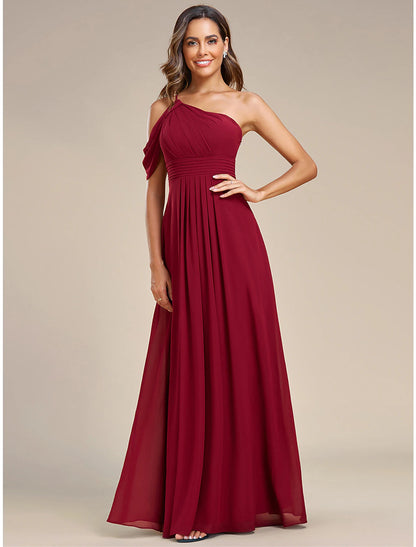 A-Line Wedding Guest Dresses Elegant Dress Formal Wedding Floor Length Sleeveless One Shoulder Chiffon with Ruched