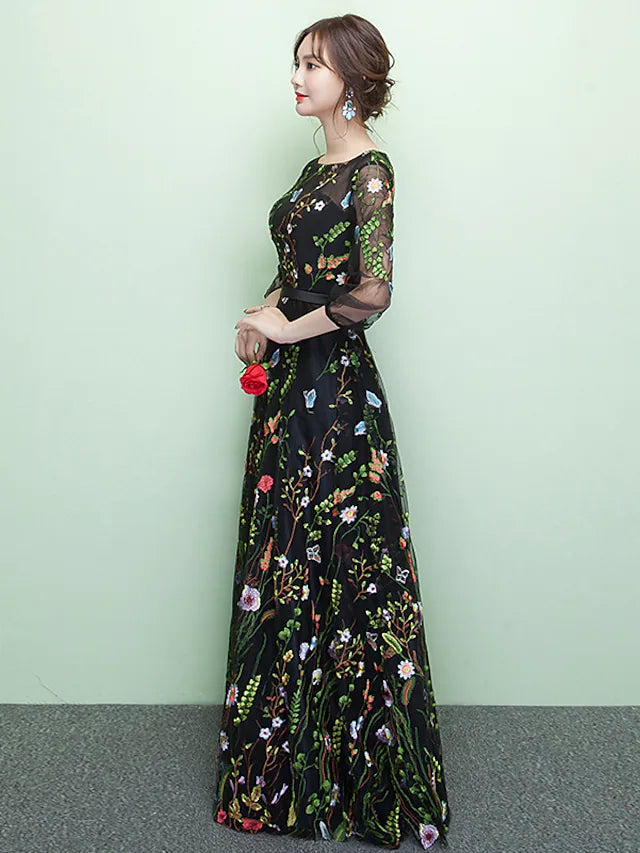 A-Line Elegant Sparkle & Shine Formal Evening Dress Jewel Neck 3/4 Length Sleeve Floor Length Lace