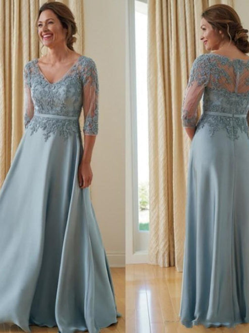 A-Line/Princess Satin Applique V-neck 3/4 Sleeves Floor-Length Mother of the Bride Dresses Elegant