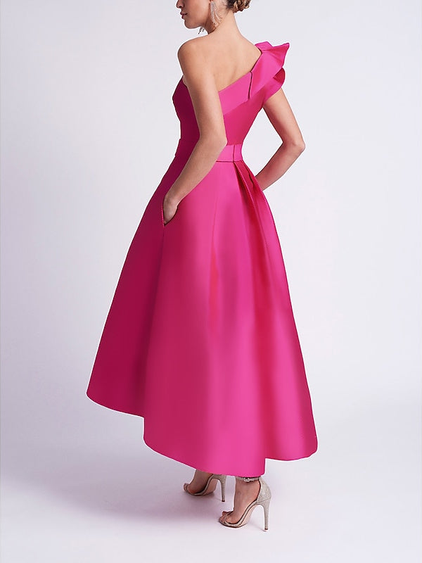 A-Line/Princess One Shoulder Sleeveless Cocktail Dresses With Pocket Fuchsia Party Dress