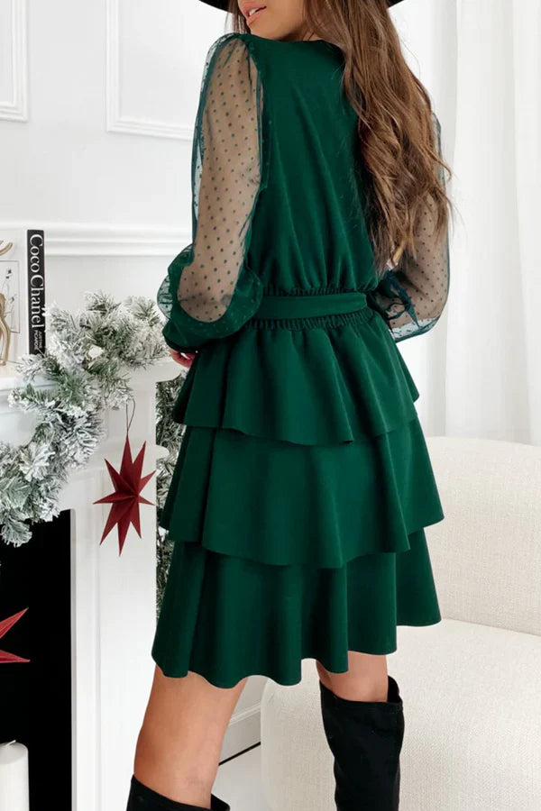 Casual solid color mesh V-neck cake dress evening dress Party Dress