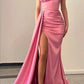 Sexy V-neck beaded satin pleated high slit long ball evening dress Sparkly