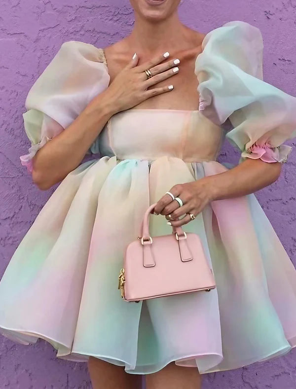 Women's Party Dress Homecoming Dress Holiday Dress Mini Dress Black White Red Short Sleeve Color Gradient Mesh Spring Summer Square Neck Fashion Party Vacation Summer Dress