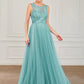 A-Line Prom Dresses Elegant Dress Wedding Guest Floor Length Sleeveless Jewel Neck Tulle with Sequin