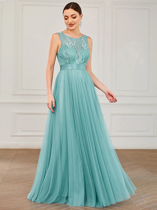 A-Line Prom Dresses Elegant Dress Wedding Guest Floor Length Sleeveless Jewel Neck Tulle with Sequin