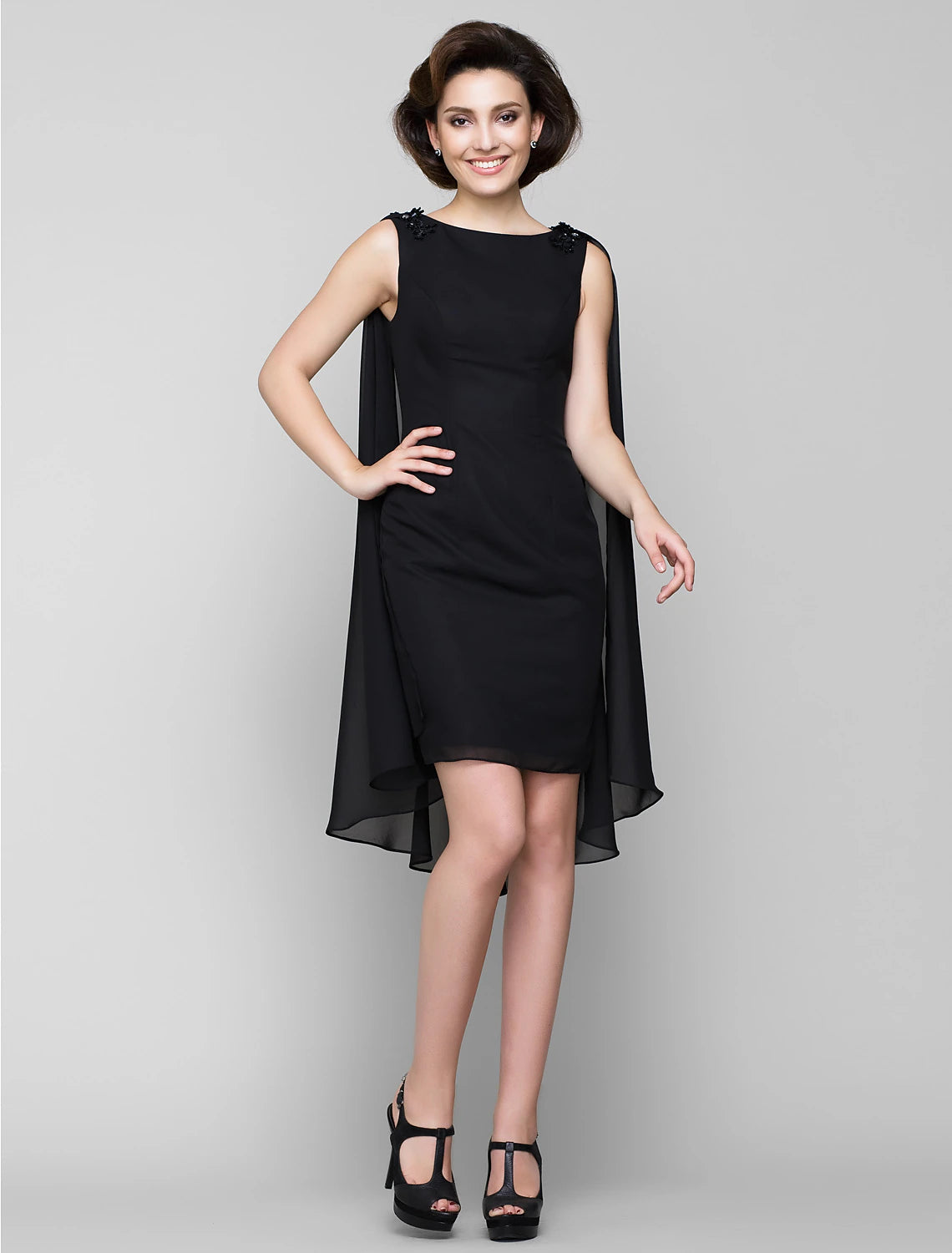 Sheath / Column Mother of the Bride Dress Wrap Included Bateau Neck Knee Length Chiffon Sleeveless yes