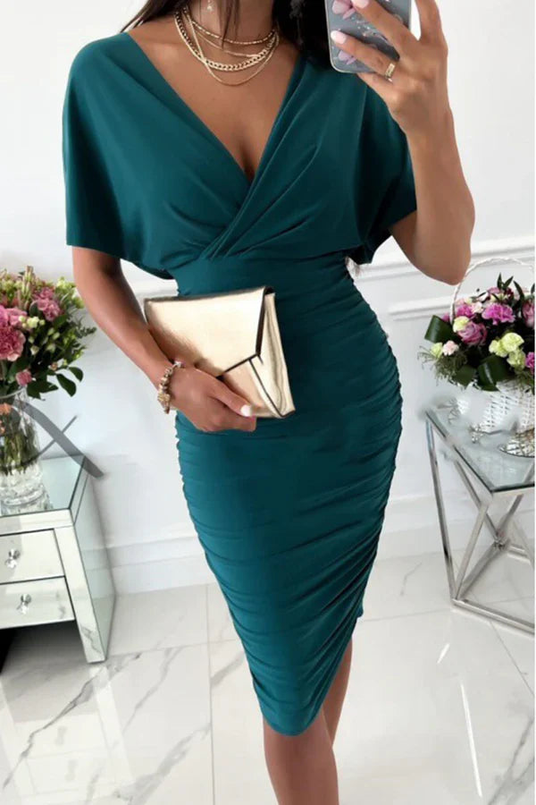 Fashionable solid color split splicing V-neck high waisted skirt for evening dress Party Dress