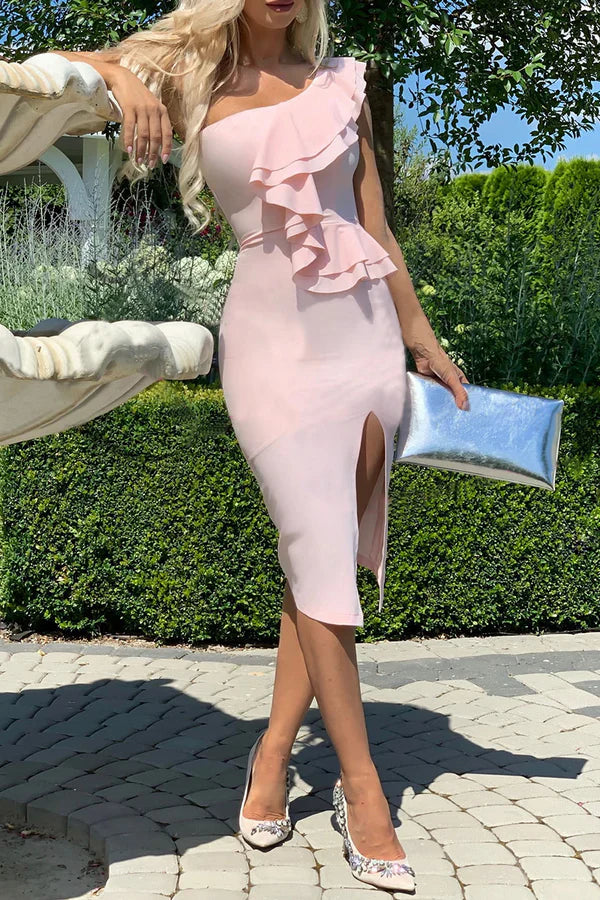 Casual solid color ruffled edge one shoulder pencil skirt evening dress Party Dress