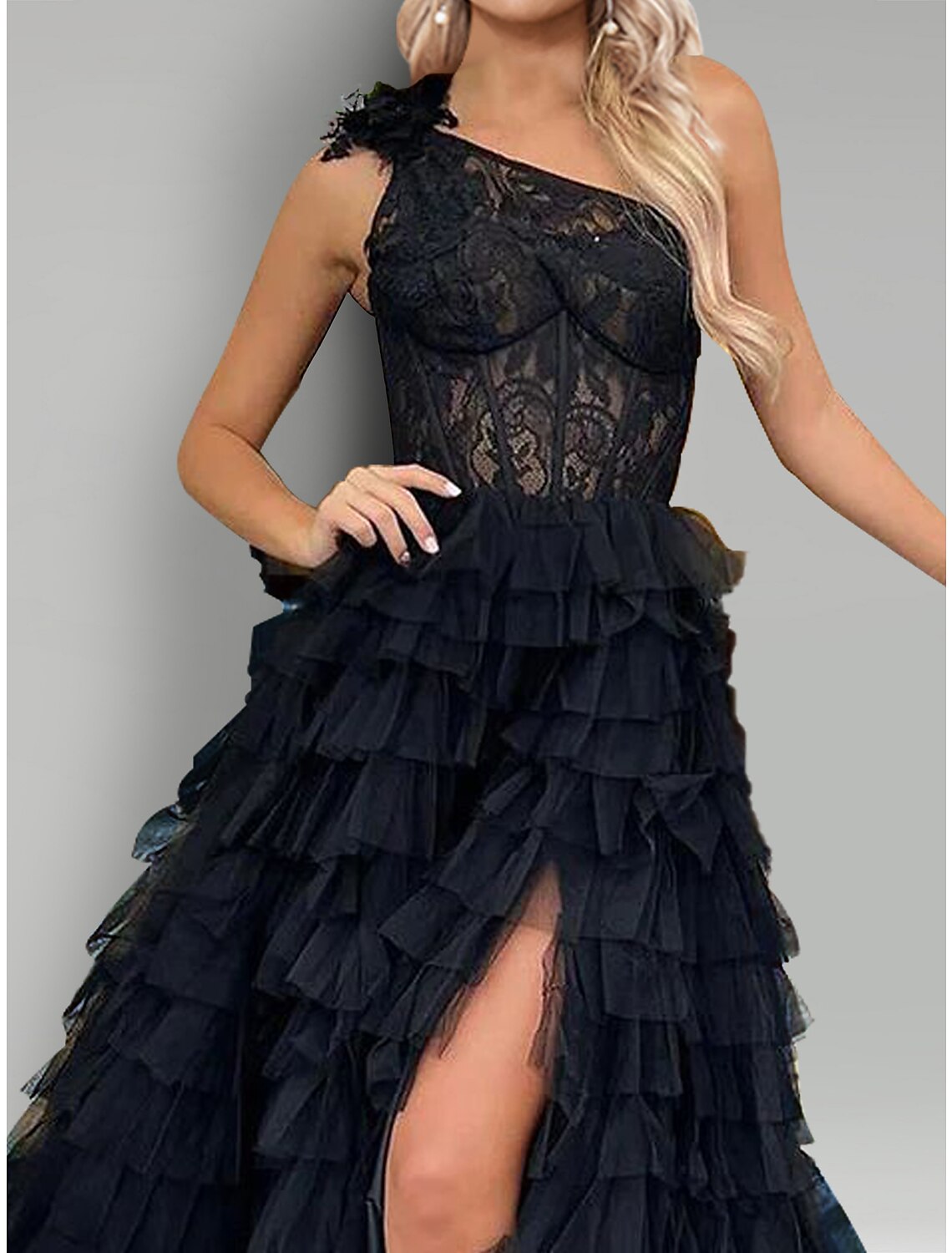 A-Line Evening Gown Floral Dress Wedding Party Semi Formal Sweep / Brush Train Sleeveless One Shoulder Lace with Slit