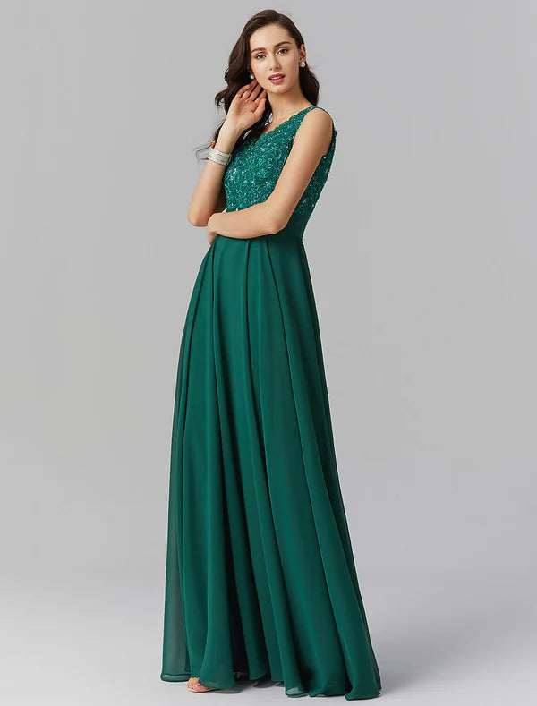 A-Line Elegant Dress Wedding Guest Formal Evening Floor Length Sleeveless V Neck Chiffon V Back with Beading