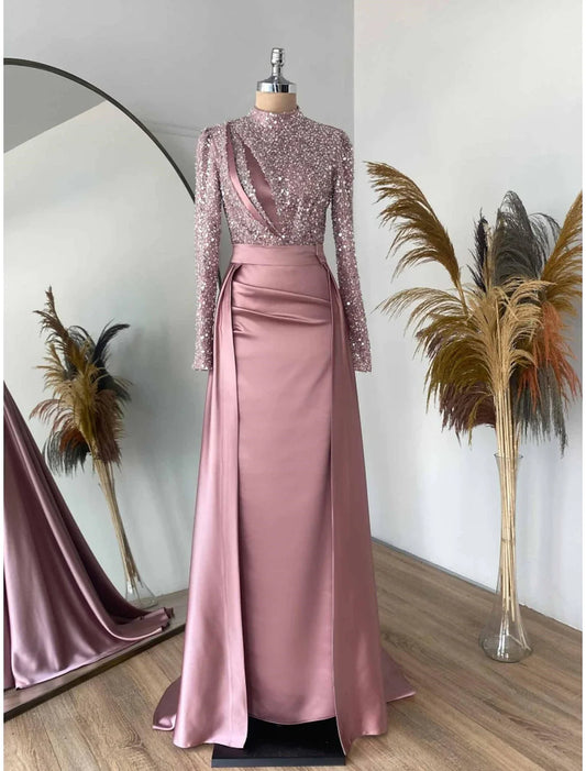 Sheath Formal Dress Evening Gown Christmas Red Green Dress Formal Sweep / Brush Train Long Sleeve Jewel Neck Satin with Pleats Ruched