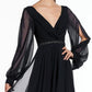 A-Line Evening Gown Empire Dress Holiday Floor Length Long Sleeve V Neck Chiffon V Back