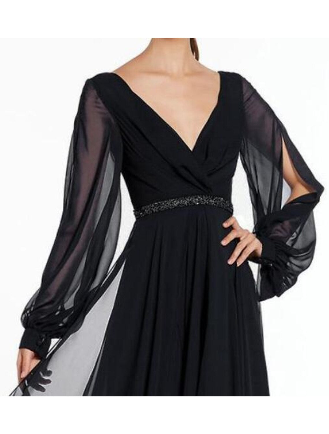 A-Line Evening Gown Empire Dress Holiday Floor Length Long Sleeve V Neck Chiffon V Back